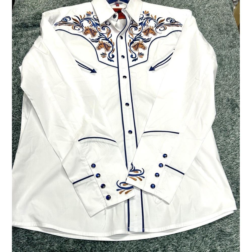 Dificil Slog Western Men's Large White/Blue Snap Button Cotton Blend Shirt (I3)
